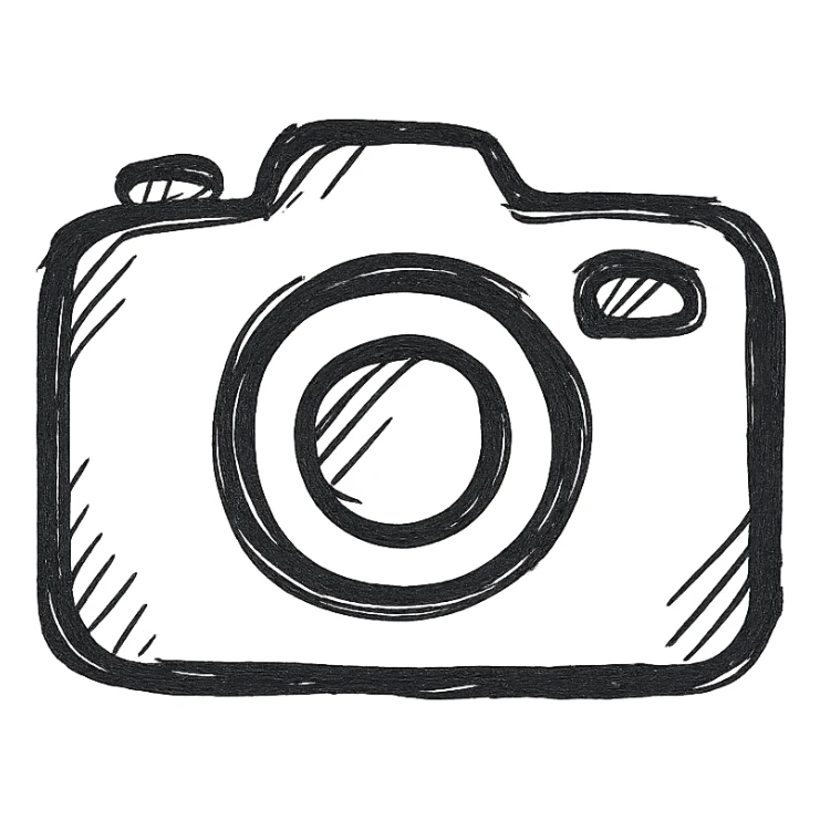 camera, hand-drawn icon style, black outline, no fill, sketchy look sticker