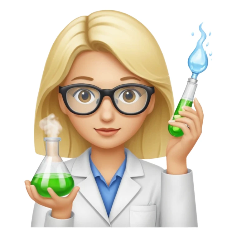 Eine hellblonde Chemikerin mit Kittel, großer Labor-Sicherheitsbrille und typischem Erlmeyerkolben in der Hand sticker