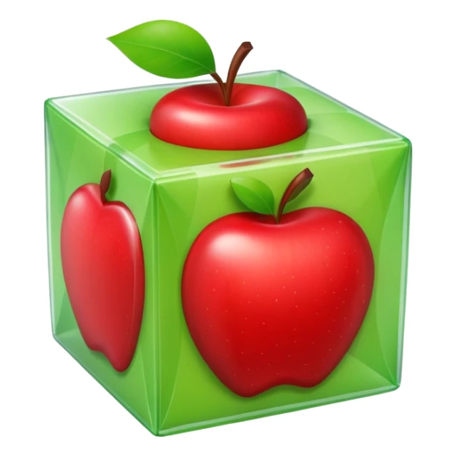 large cube-shaped box wrapped in light green tape, apple style emoji sticker