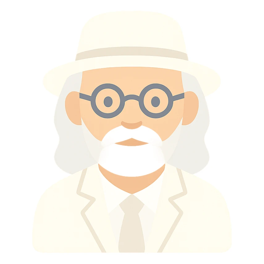 old man with a white hat, slightly long white beard, white moustache, round glasses, white suit, white longish hair, color icon sticker