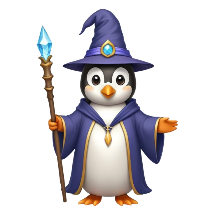 Penguin wearing wizard hat and robe holding a magic wand sticker
