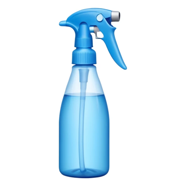 tall plastic spray bottle with curved grip and trigger nozzle, cool tones blue or white, freshness and cleanliness, sleek upright minimalist silhouette, no label, no foam, no extras, soft lighting, subtle shadows, emoji scale sticker