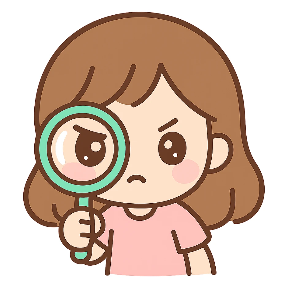 chibi cute girl with brown hair, laser focused, holding a magnifying lens sticker