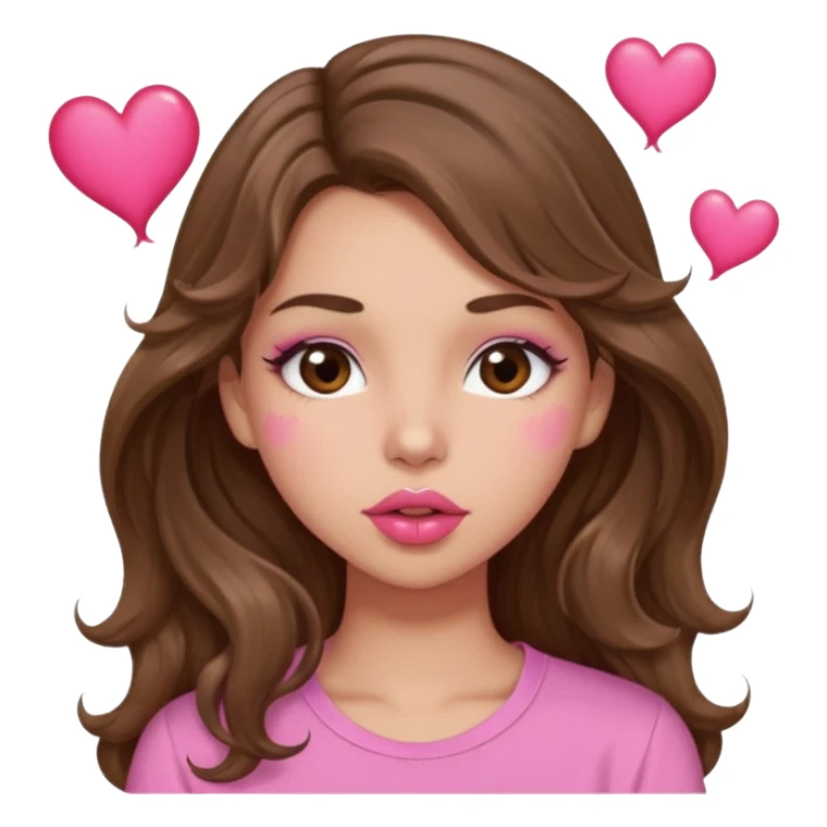 girl with long wavy brown hair, brown eyes, light to medium complexion, in a pink shirt, pink lips, long lashes, puckering lips kissing, blushing with hearts sticker