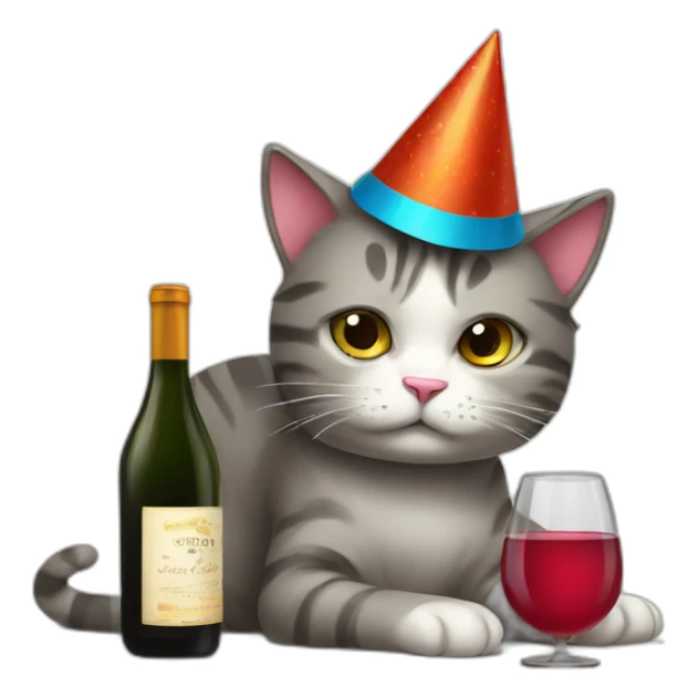 depressed tired kitty drinking wine and party hat on sticker