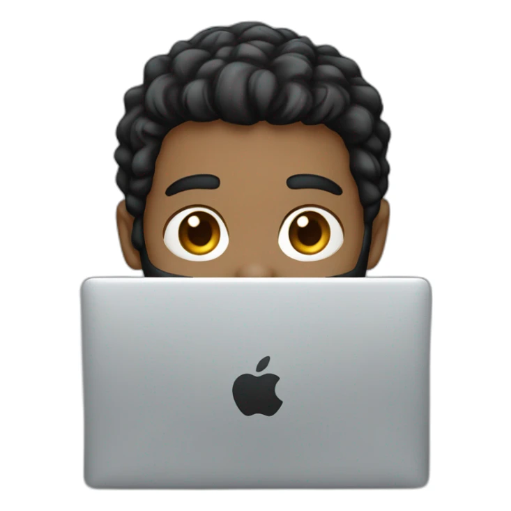 headshot of a black hair boy with black beard using a silver macbook sticker