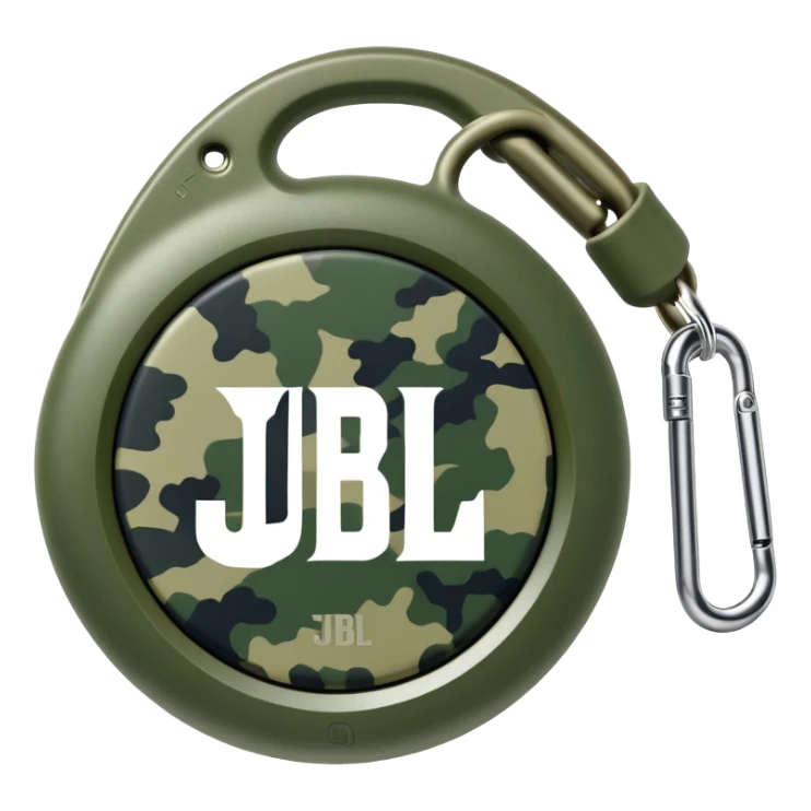 Minimalist JBL Clip 4 speaker with circular shape, carabiner clip, green camouflage pattern, and small JBL logo in the center, iOS emoji style sticker