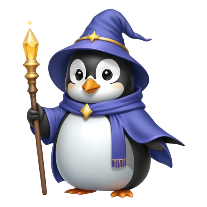 penguin wearing a wizard hat and robe holding a magic wand sticker