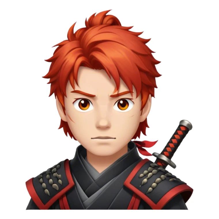Teenager male, shaggy red hair, grey eyes, fire element, samurai sticker