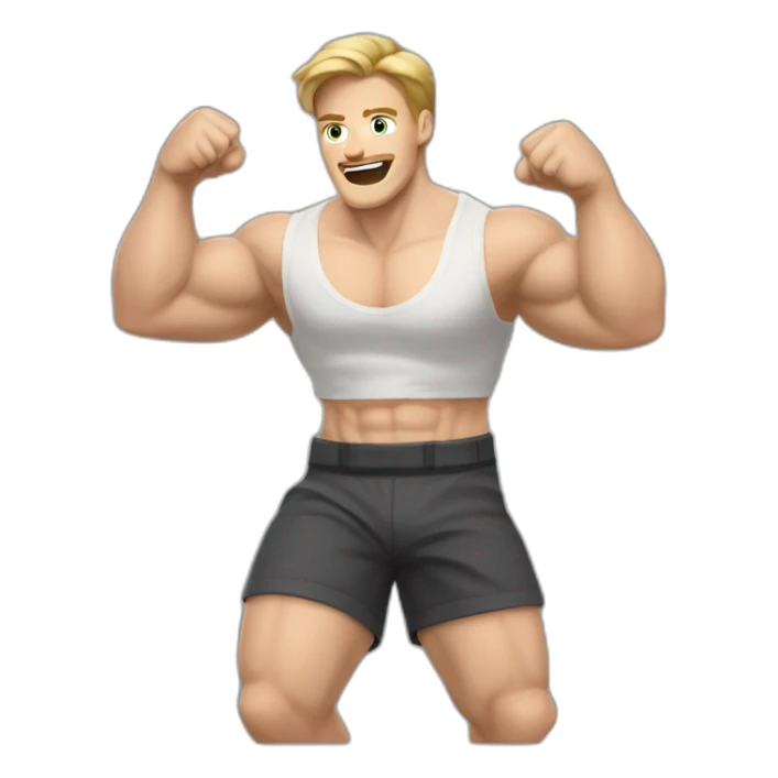 To belt Actively gesturing with hands Pale skinned Fit Man With the biceps and light brown hair in dark gray Sleeveless Mike, black oversize sports shorts and white Sneakers sticker