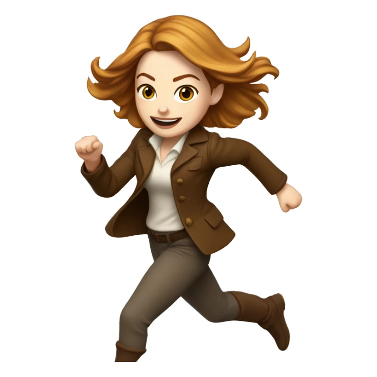 Emma Stone running, with a large stride and arms outstretched, with long golden brown hair, wearing an Christmas outfit sticker