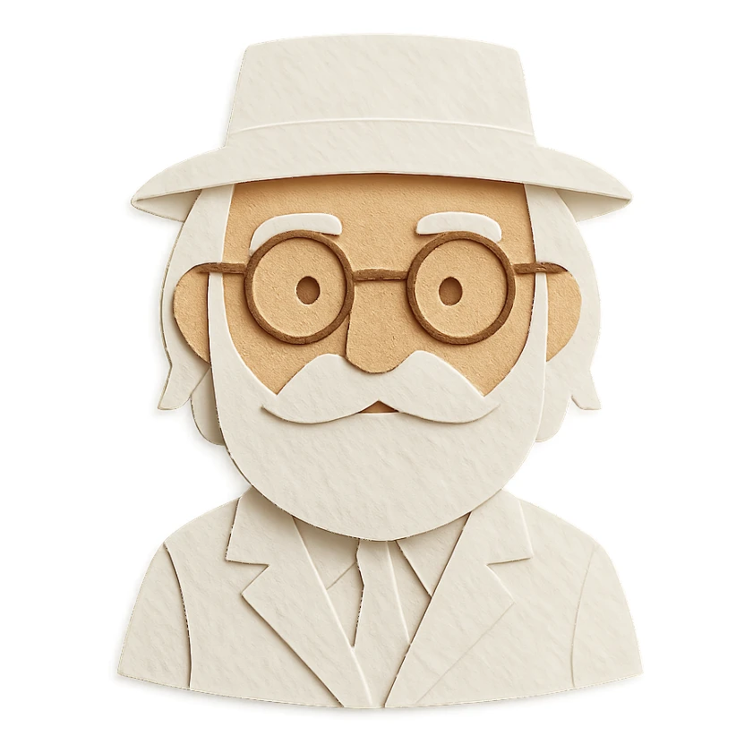 old man with a white hat, slightly long white beard, white moustache, round glasses, white suit, white longish hair, paper craft style sticker