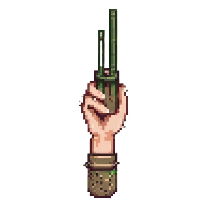 olive colored hand holding chopsticks, pixel art style sticker