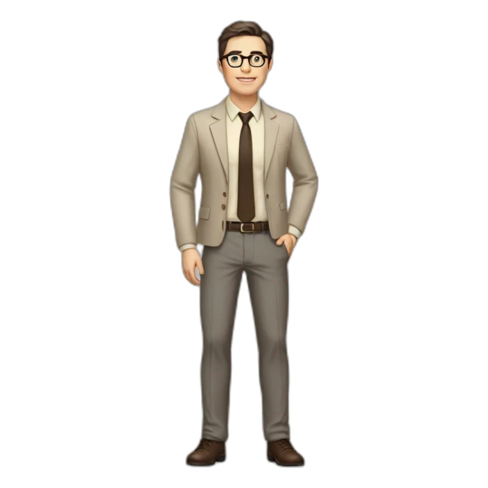 Full height Pale skinned fit man with dark brown hair in gray jacket, beige office shirt, brown tie, brown pants and vintage glasses. His right hand stretched out sticker