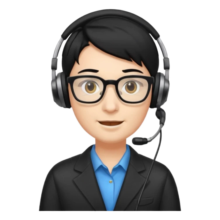 Un locutor de radio, pelo negro, con gafas, sticker