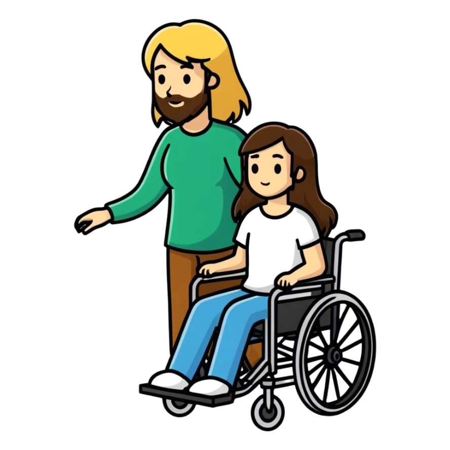 A bearded Brown haired man in a wheel chair lwith long blonde haired mom pushing sticker