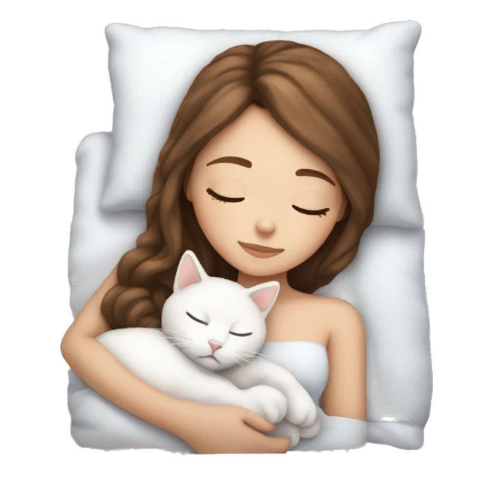 White girl brown hair sleeping with white kitty sticker