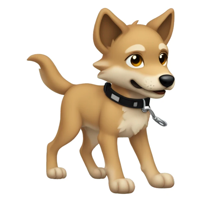 4 short legs a light brown puppy-like wolf with black  ears with black leash  is walking sticker