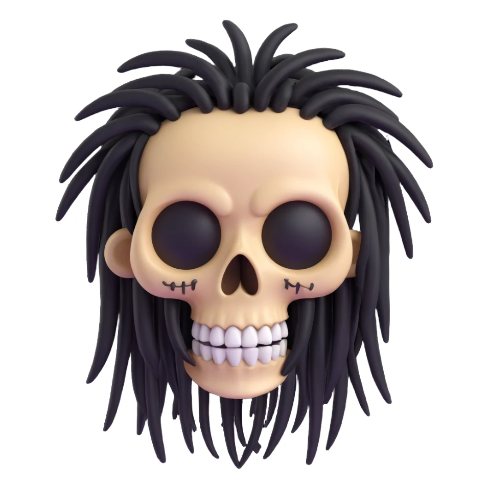 3D cartoon skull with black dreadlocks, big eyes, smiling sticker