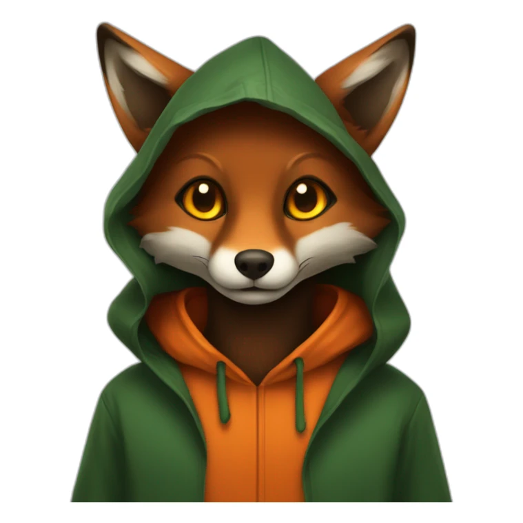 a small dark brown fox with orange eyes with a dark green hood that smile sticker