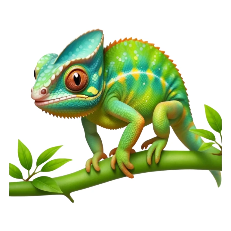 cinematic cute-smiling baby chameleon-realistic emoji,-blending-with-vibrant-greenery.-detailed-scales-in-shifting-colors,-showing-the-chameleon’s-ability-to-camouflage.-soft-natural-light-highlights-its-texture.-light-background, zoomed into its face sticker