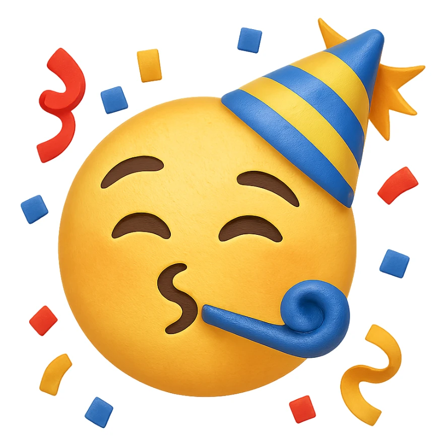 face with party hat and confetti emoji, digital illustration, no background sticker