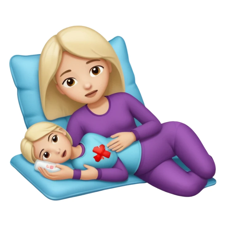 A girl, lying on her side suffering from menstrual cramps, has a hot water bottle on her stomach. sticker