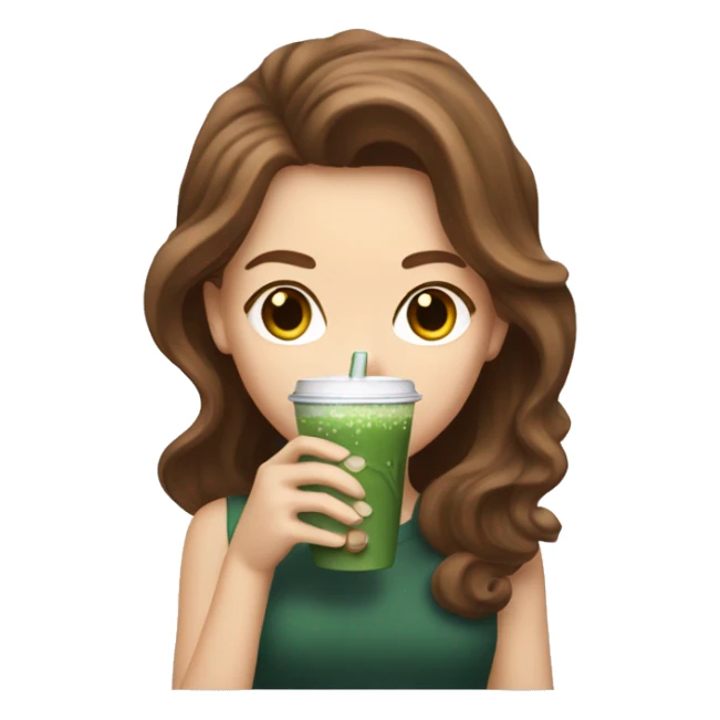 White girl with brown wavy hair drinking iced matcha latte sticker