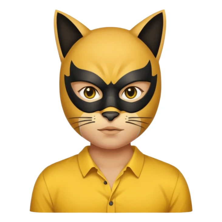a black cat with yellow mask and shirt, half upon
 sticker
