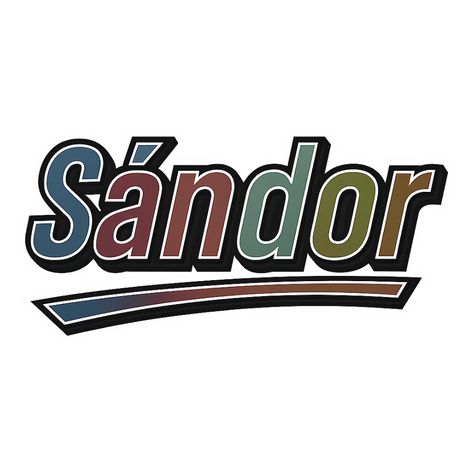 Text image of the name 'Sándor' in a masculine, modern, gradient font with precise Hungarian characters, dark contour, extra thick, prominent white border as in sample images, dynamic slanted underline, masculine color shades (blue, gray, burgundy, green, brown), 1000x1000 px, PNG, transparent background. sticker