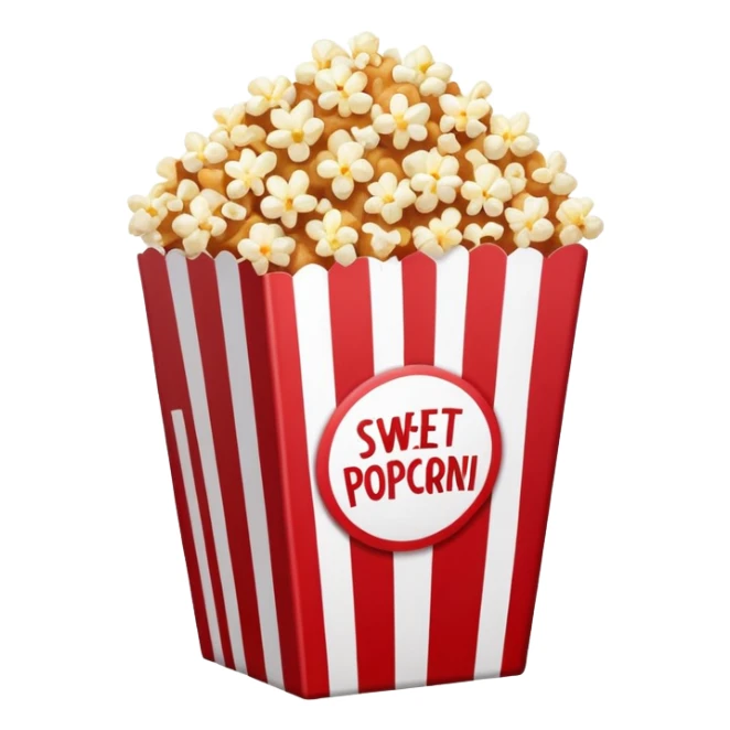minimalist sweet popcorn emoji style, red and white popcorn box, caramel popcorn sticker