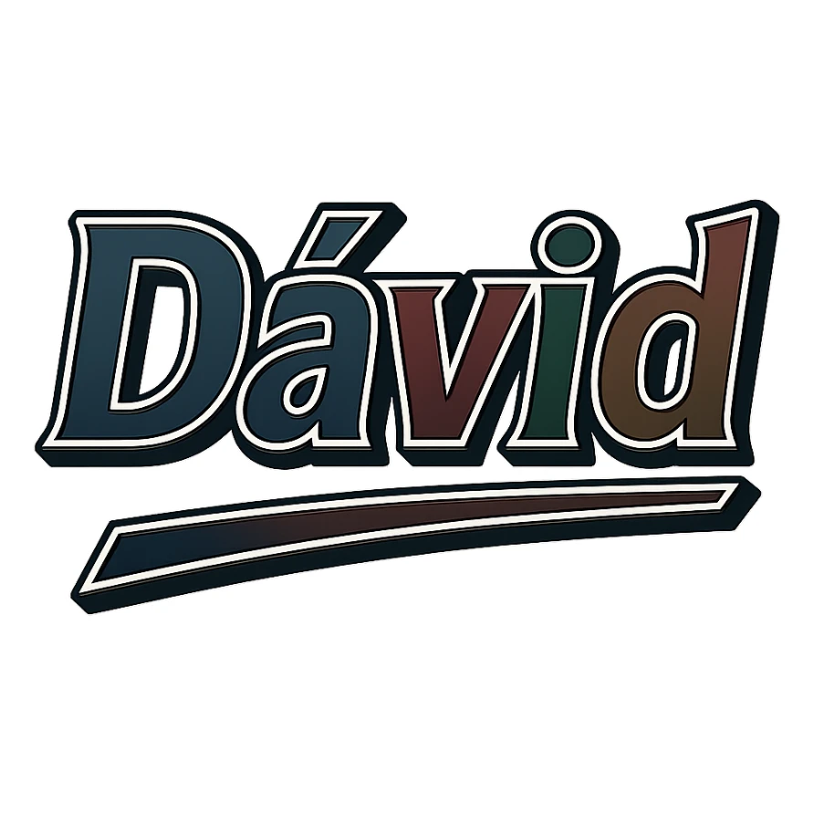 Dávid name in masculine, modern gradient font with dark contour, thin and clearly visible white border around letters, dynamic slanted underline, masculine color shades (blue, gray, burgundy, green, brown), 1000x1000 px, PNG, transparent background, in the style of the uploaded Attila sample. sticker