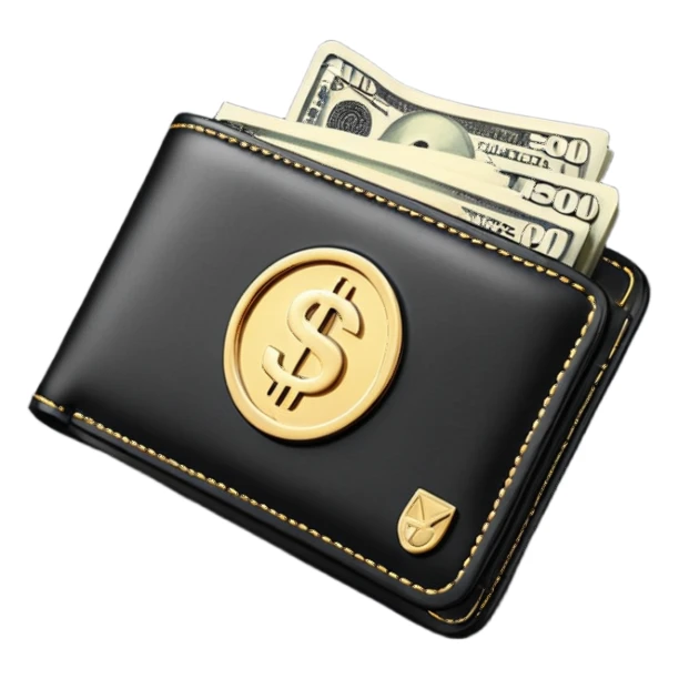 Rich emoji style black leather wallet with dollar bills, luxury money vibe, premium 3D emoji, ultra clean, high detail, no background sticker