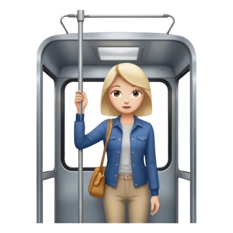 a young woman standing inside a modern train carriage. one hand is holding a vertical pole sticker