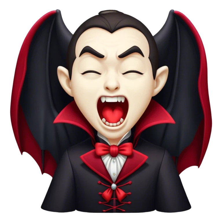 Cinematic Cute Yawning Vampire Portrait Emoji, with a small, rounded, charming pale face accented with tiny playful fangs and droopy, half-closed eyes, head tilted in an adorable wide yawn, dressed in miniature elegant dark attire with a hint of crimson, simplified yet irresistibly endearing, highly detailed with a soft, mysterious glow and gentle outline that captures the cute, drowsy side of an immortal! sticker