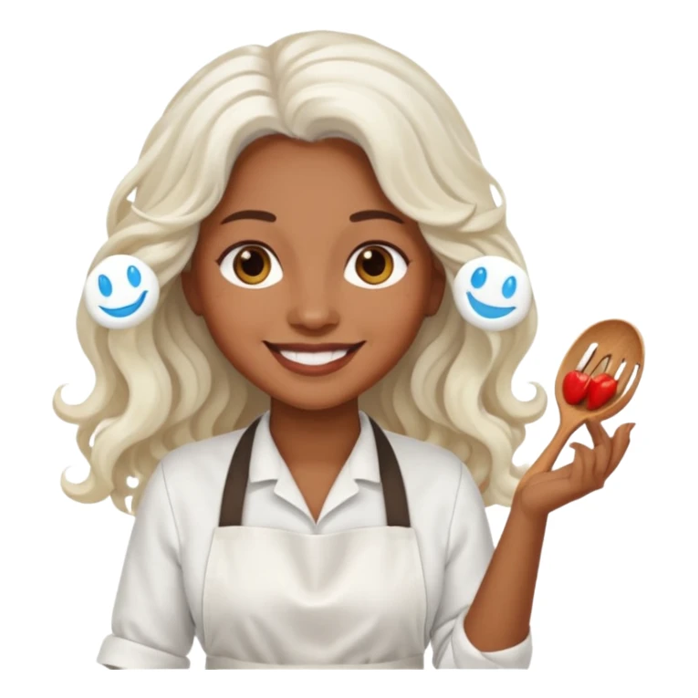 woman, brown skin, white long wavy hair, with apron sticker
