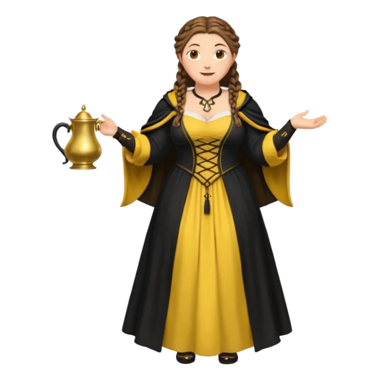 Helga Hufflepuff,brown-haired,2 braids,yellow-black medieval open dress,deep neckline,fat macromastia,black cloak decorated with gold braiding,gold cup with two handles,very kind smile,curvy busty sweet woman,round rosy cheeks,full length with medieval shoes sticker