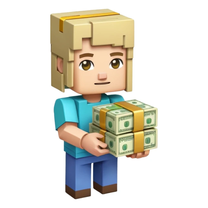 emoji style icon, minecraft blocky character holding a stack of money, pixel art style, bright colors, simple background, 3D glossy emoji, centered composition, soft shadow, high detail, clean outline, white background sticker