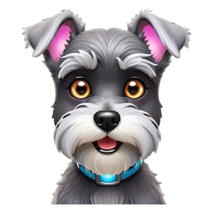 Cinematic Comical Miniature Schnauzer Portrait Emoji, Head tilted dramatically with a comically shocked expression and large, animated eyes, featuring a sharply defined salt-and-pepper fur with exaggerated, humorous eyebrows, simplified yet hilariously detailed, glowing with a bold, playful radiance, high shine, exuding a spirited and cheeky charm, styled with a soft glowing outline, capturing the essence of a Miniature Schnauzer that appears ready to dash into a burst of comic energy! sticker