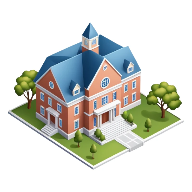 University campus fraternity, isometric dollhouse-style, realistic sticker