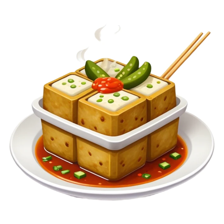 Stinky Tofu with sauce and pickles, simplified emoji style with bold outlines and bright colors, cartoon style dark fermented Chinese street food with steam sticker