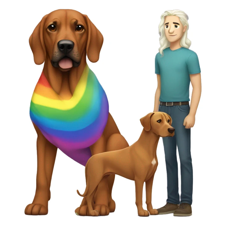 white male with long rainbow colored hair standing alongside a brown rhodesian ridgeback sticker