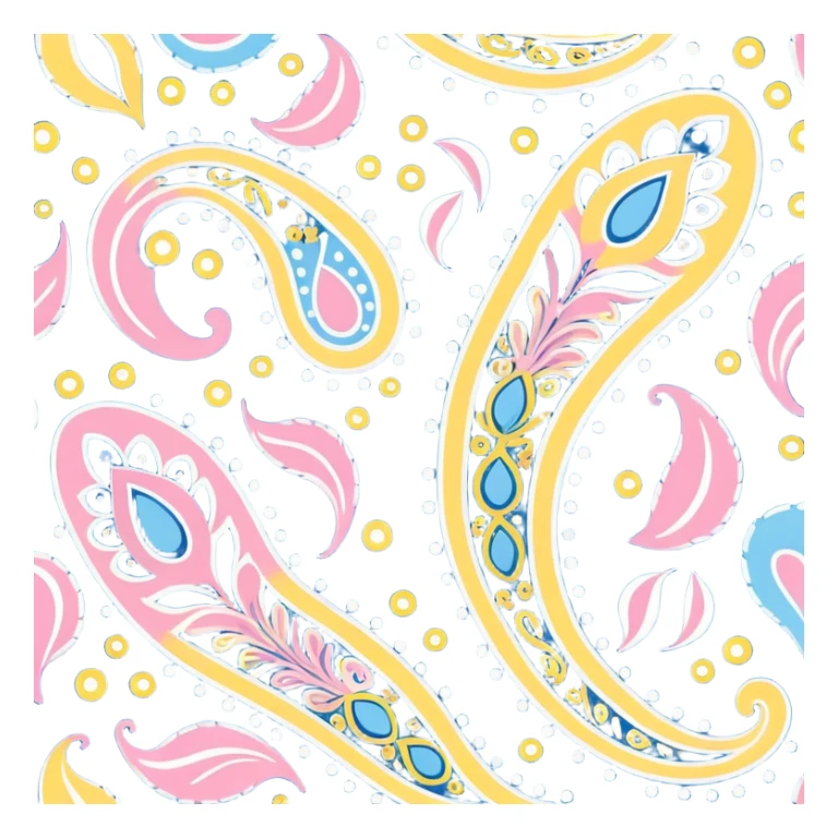 paisley motif, seamless pattern print in soft and bright blues, yellow, white and Bedazzled pink colors. Must be visually appealing, 4k hd, 3000x3000, DPI 300 sticker