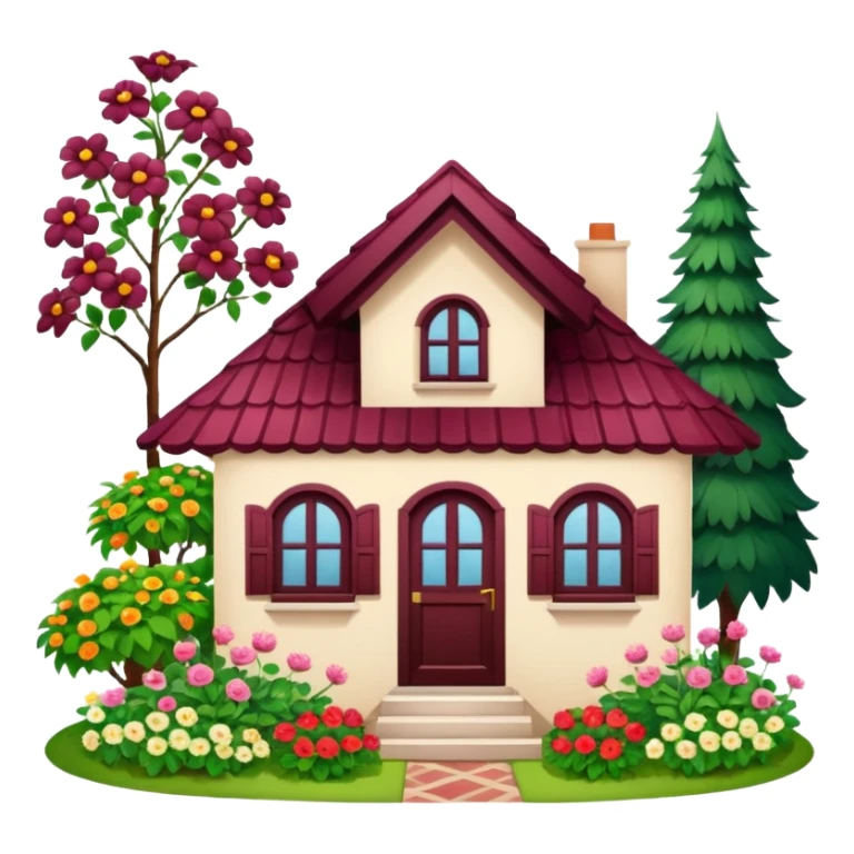 A dacha with a burgundy tiled roof and a garden sticker