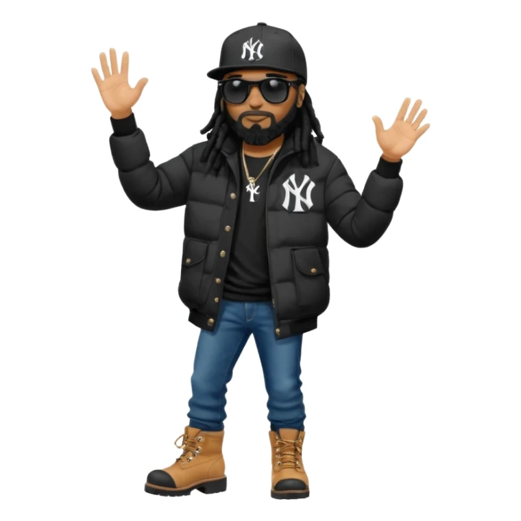 African American man with shoulder length black dreadlocks with black beard wearing black sunglasses wearing a black bubble winter coat wearing a black New York Yankees logo baseball cap wearing denim skinny jeans and timberland boots with waving someone bye sticker