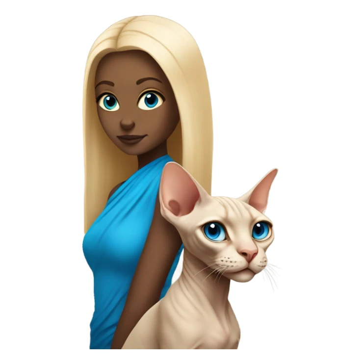a blonde girl with blue eyes next to a Sphinx cat sticker