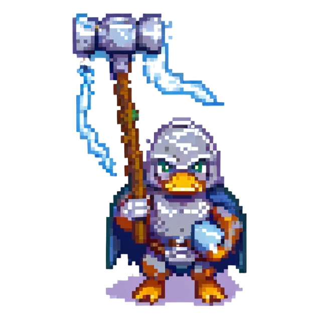 pixel art duck standing heroically, holding Thor's hammer with a lightning rod protruding from it, surrounded by lightning effects sticker