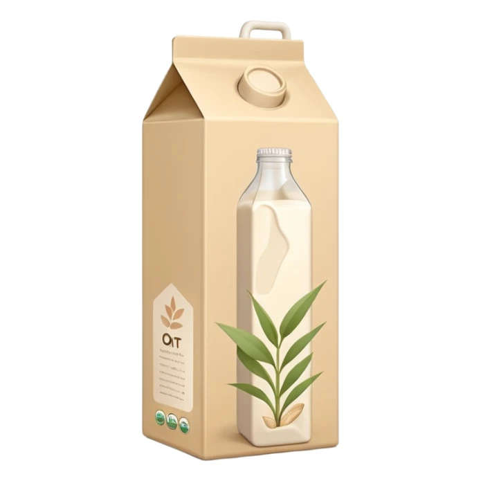 plant milk carton, beige, minimalist, upright with fold-top or screw cap, subtle oat graphic, modern eco-friendly style, no branding, soft lighting, emoji scale sticker