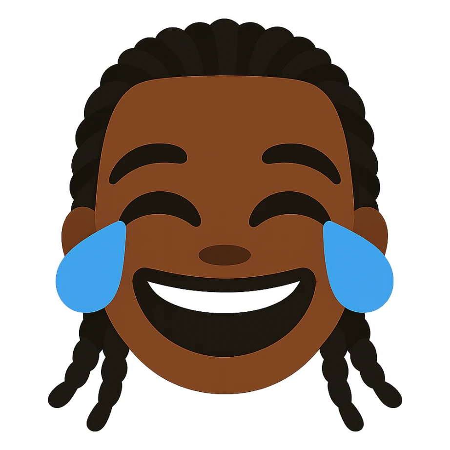 Transform this portrait into a simple and expressive emoji style with a joyful face laughing with tears of joy, black skin tone, and transparent background. The style should be joyful and clear, suitable for an emoji representation. sticker