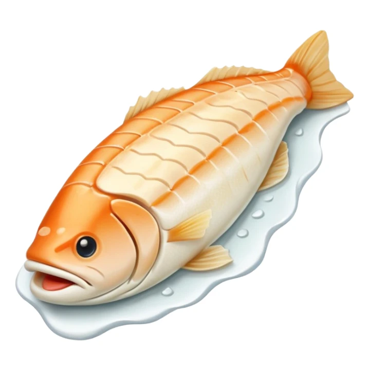 boneless cod fillet, slightly curved, white-ivory flesh, moist flaky texture, muscle grain visible, tapered end, fresh and clean, clean 3D rendering, soft light, subtle shadow, no background elements, no anthropomorphic features, transparent background, emoji scale sticker